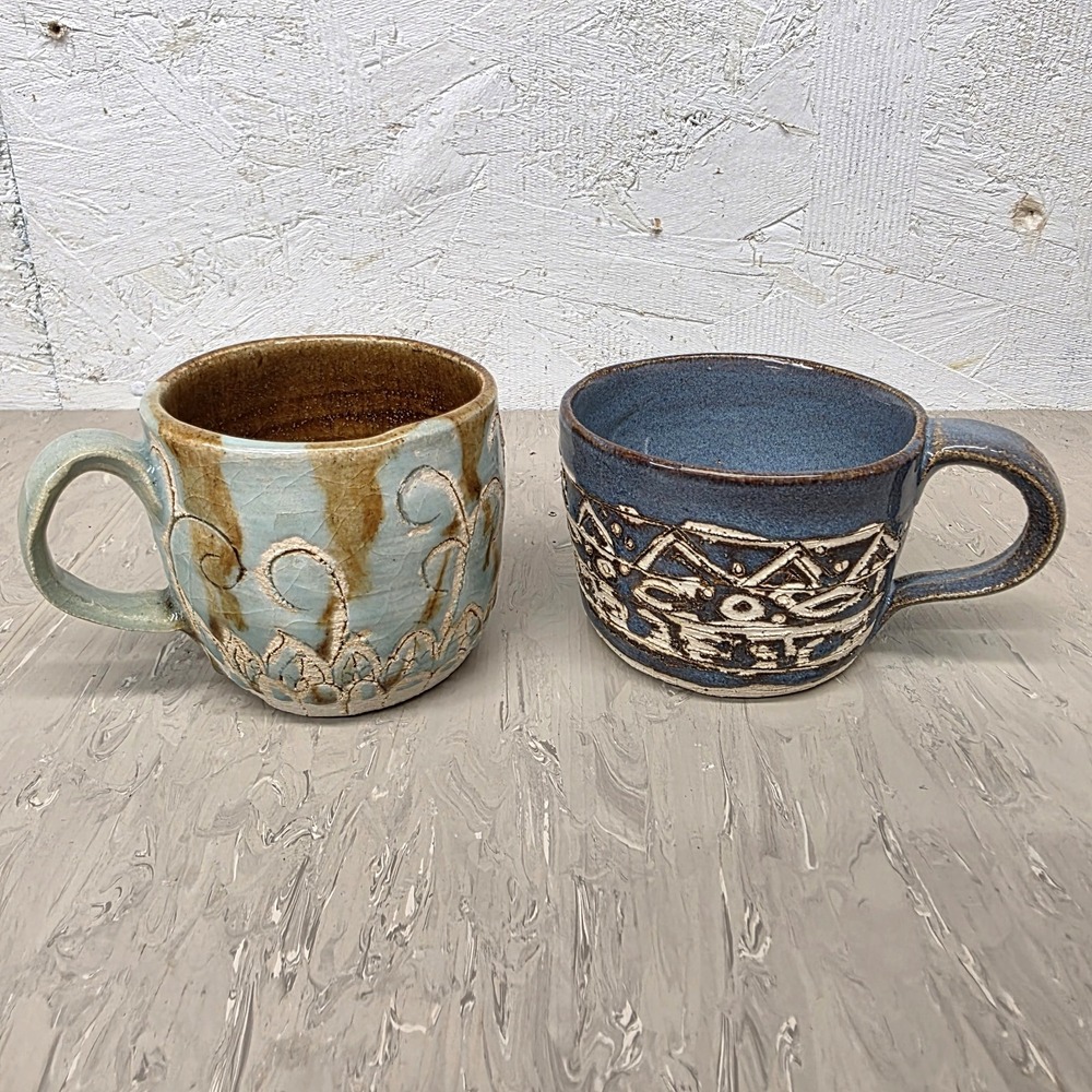 Handcrafted Studio Pottery Mugs Set 2 Carved Blue Glaze Botanical Geometric PM